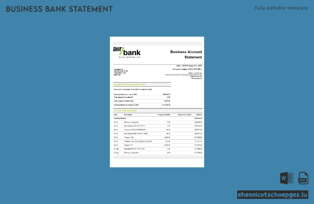 Beispielansicht eines Kontoauszugs der Air Bank Business Organization im Word- und PDF-Format